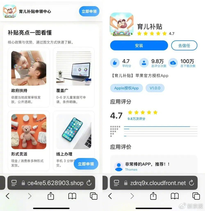 ▲打开“育儿补贴.top”网址，有看似相关政策的介绍，但实际上会引流至未知软件。 图源：网络截图