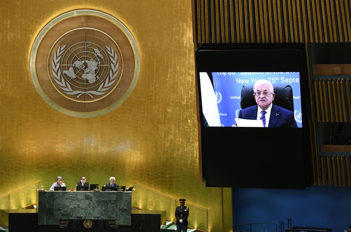 　　9月25日，在位于纽约的联合国总部，巴勒斯坦总统阿巴斯以视频连线方式在联合国大会一般性辩论上发言。新华社记者李睿摄