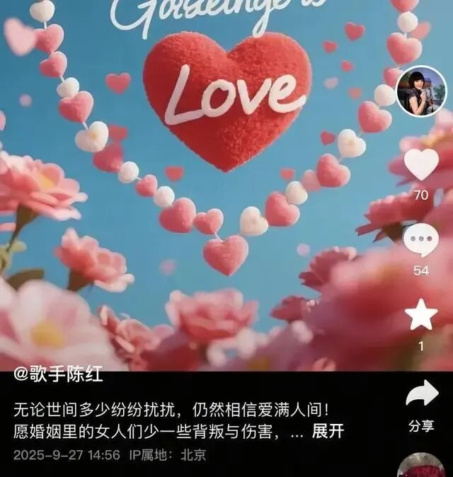 陈红在抖音平台发文称，“愿男人多一些责任与担当”。 网络截图