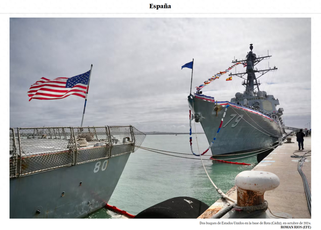 美军舰停靠罗塔军事基地，图片截取自《国家报》