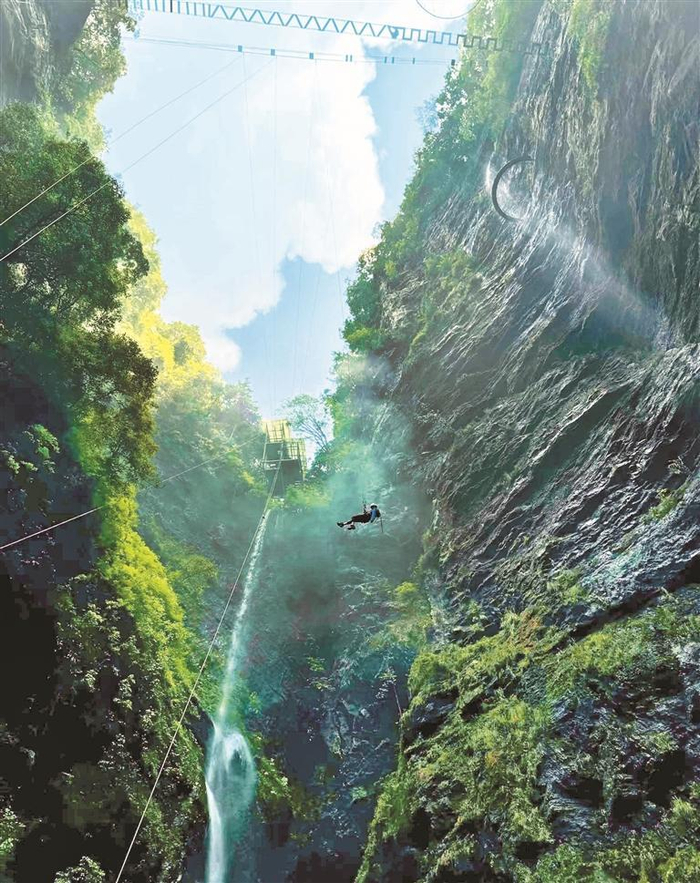 在猴耳天坑奋力一跃，世界就只剩耳畔的风声。（受访者供图）