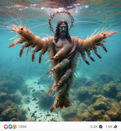 近期在 Facebook 上爆火的 AI 生成图「耶稣虾子」｜图源：Facebook