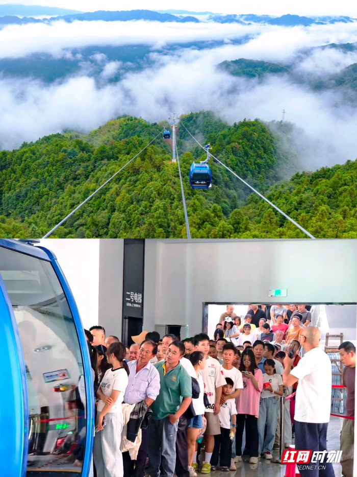 怀化溆浦，游客乘雪峰山索道赏云海美景。
