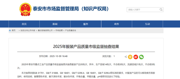 中国质量新闻网讯 近日，山东省泰安市市场监管局网站发布2025年服装产品质量市级监督抽查结果。