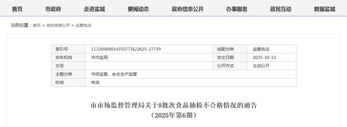 市市场监督管理局关于8批次食品抽检不合格情况的通告（2025年第6期）