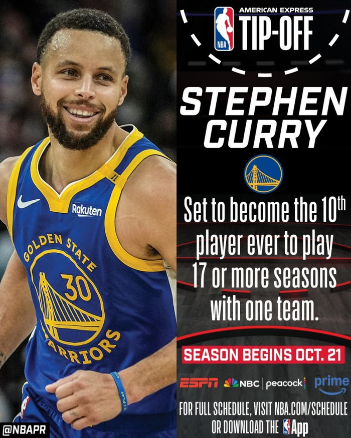 直播吧10月15日讯  今日，NBA官方晒出了库里效力时长的成就海报，来给新赛季的揭幕战进行预热。