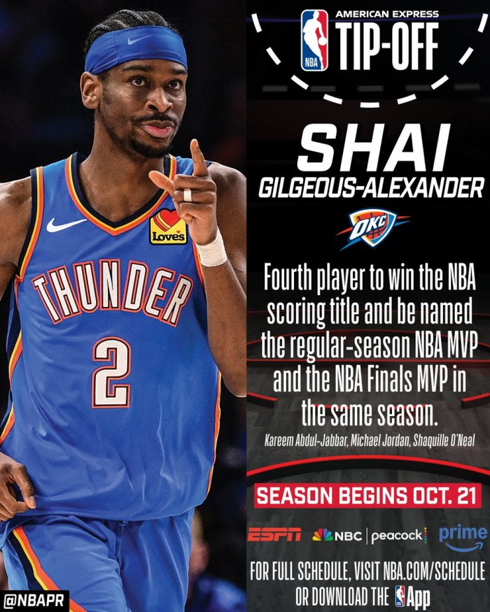 直播吧10月15日讯 今日，NBA官方晒出了亚历山大上赛季的成就海报，来给新赛季的揭幕战进行预热。