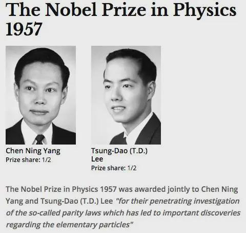 1957年10月，杨振宁、李政道共同获得诺贝尔物理学奖。来源：The Nobel Foundation