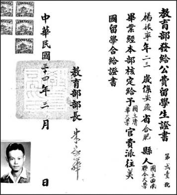 图丨杨振宁的公费留学生证书（来源：清华大学校史馆）