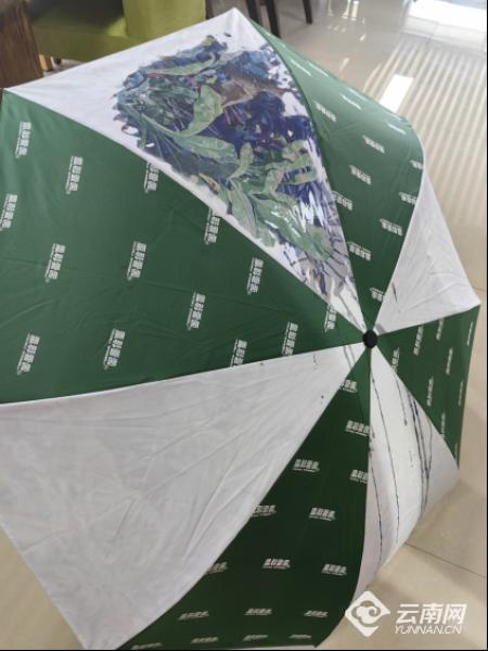 上言文化新开发的雨伞，伞面遇水显现重彩画。实习生 李嘉豫 摄