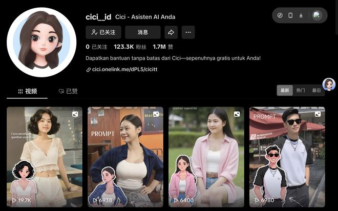 在tiktok上，Cici的官方账号已有大约12.3万粉丝｜图片来源：极客公园