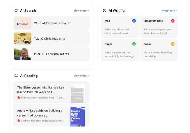 ▲Cici网页端的功能界面，支持AI Search、AI Writing和AI Reading