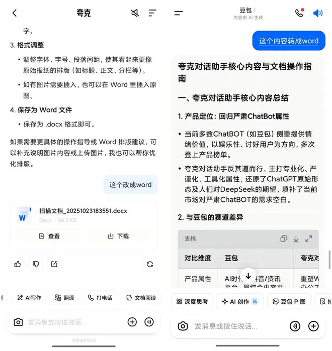 图注：夸克可以把对话内容随意转化成文档，豆包似乎有些难以理解。