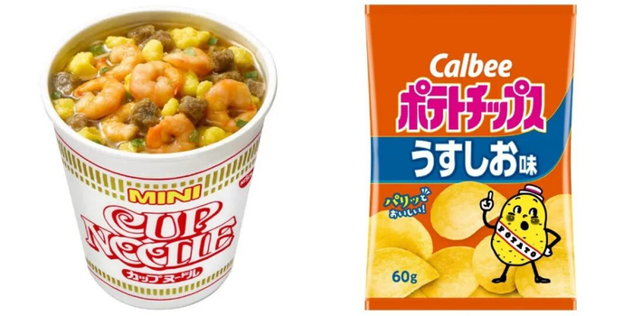 日清杯面(左)和卡乐比薯片(右)