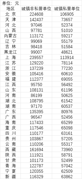 2024年31省份城镇非私营单位、城镇私营单位就业人员平均工资。（来源：《中国统计年鉴2025》）