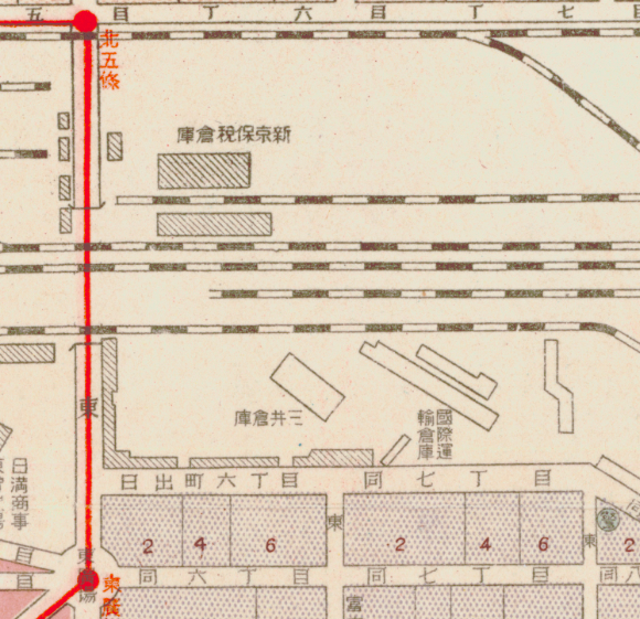 　　1938年，伪满出版的地图中，“保税仓库”的位置处于众多铁道线路之中  资料图片