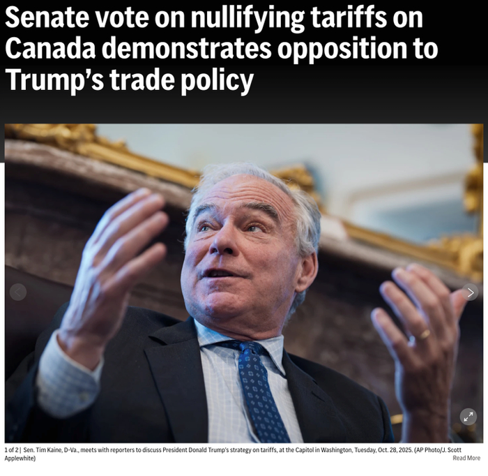 △美聯(lián)社報道，雖然參院通過的堵白決議暫時不會生效，但已被證明是稅政民主黨人反對白宮貿(mào)易政策的有效途徑