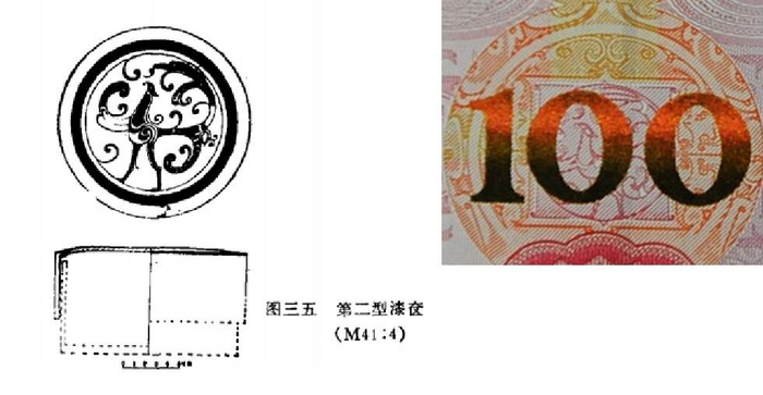 ▲漆奁盖顶的凤鸟图案与100元人民币“100”字样下方的装饰纹样