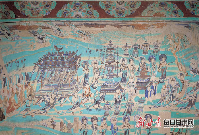 莫高窟第148窟-西壁-涅槃变之佛陀出殡图（敦煌研究院供图）　