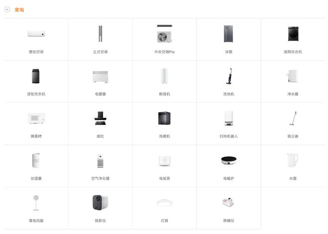 米家品牌已经覆盖的家电品类（来源：米家商城）