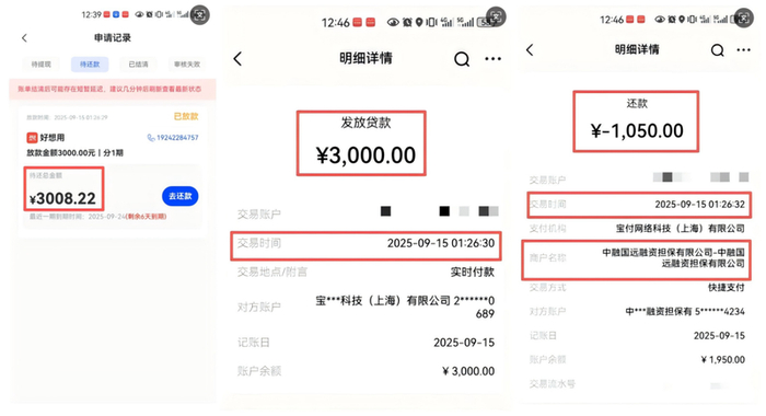 钱晓借款所涉及的助贷平台，还（扣）款方及相关金额明细。受访者供图