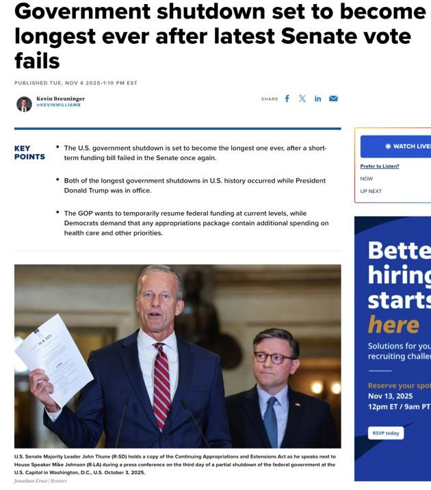 △据CNBC报道，美国参院再次未能通过临时拨款法案，此次政府“停摆”将成史上最长