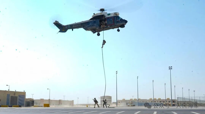 ▲中沙双方参训队员协同开展直升机滑降训练