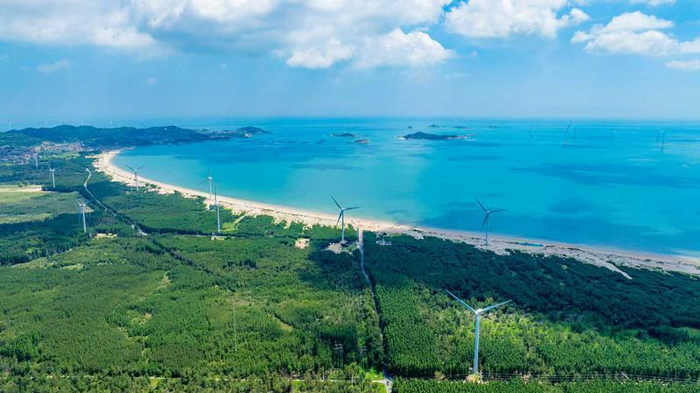 在平潭长江澳，郁郁葱葱的林海沿着海岸线延伸。 通讯员 林君斌 摄