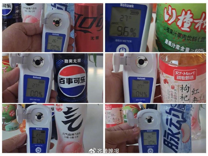 记者用某品牌糖度计测量的部分无糖、无蔗糖饮品