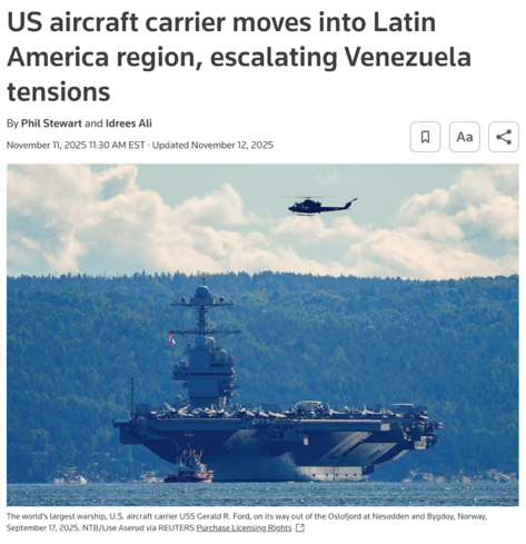 △路透社报道，针对“福特”号航母驶近委内瑞拉近海，马杜罗否认自己与毒品有关，称美国此举旨在推翻其政权。