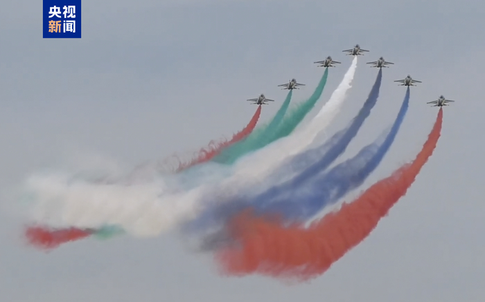 △阿联酋“骑士”飞行表演队驾驶L-15A高级教练机进行飞行表演