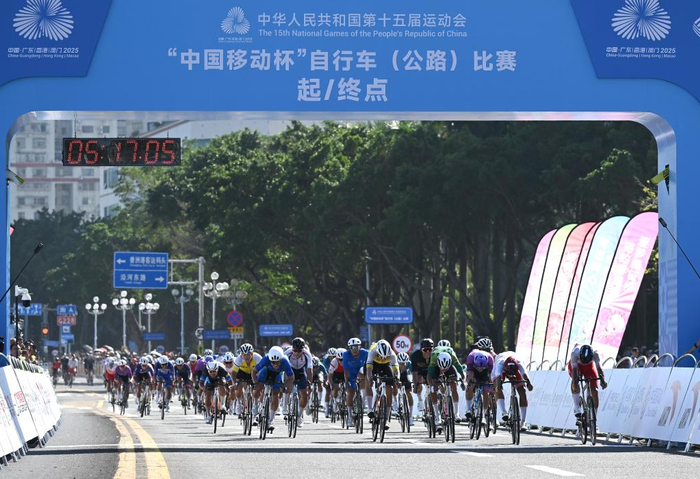 　　11月8日，第十五届全国运动会公路自行车男子个人赛参赛选手在比赛中冲向终点。新华社记者 连振 摄