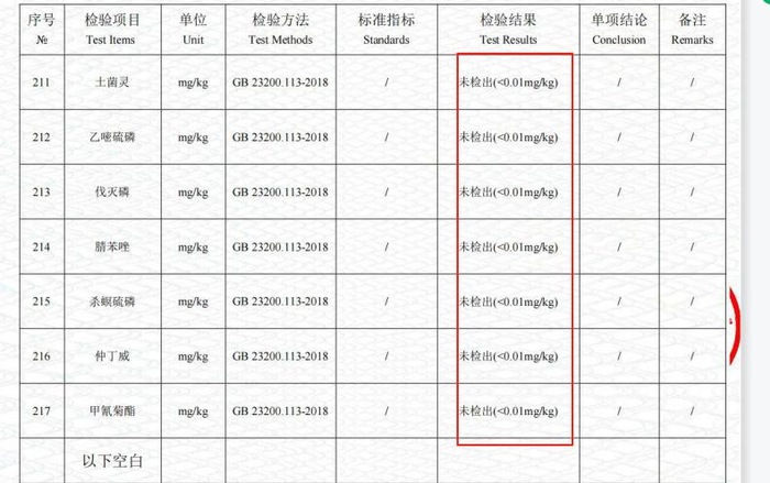 （农残检测报告部分截图）