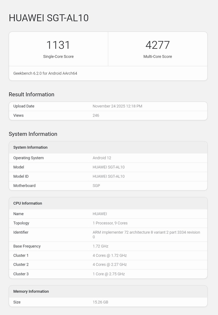 （HUAWEI SGT- AL10机型跑分，图源/网络）