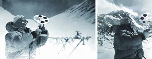 童庆禧在珠峰6300米观测点用自研仪器测量太阳的光谱辐射。