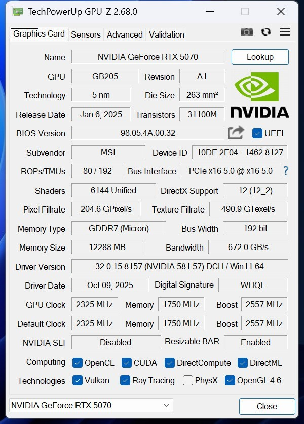 微星RTX 5070 白龙爵PLUS采用GB205核心，TSMC 4N定制工艺，芯片面积263mm2。