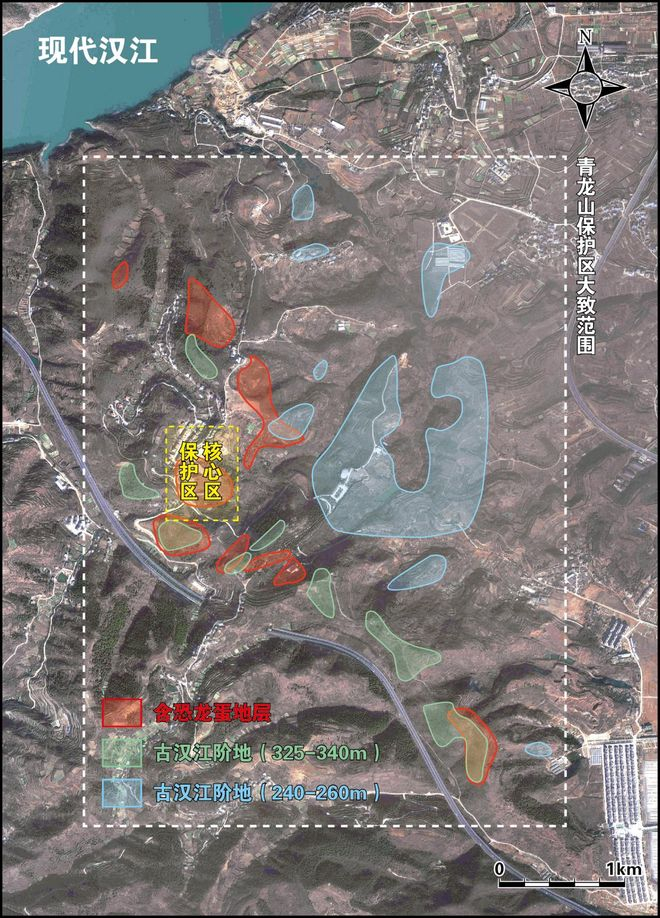 　　青龙山恐龙蛋化石群保护区古汉江遗迹分布范围示意图。（青龙山保护区地质遗迹调查团队供图）