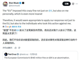 对X平台罚款1.2亿欧元 马斯克连发数条抨击：欧盟应该被废除