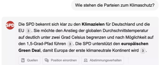 图为KI-Wahlchat对德国政党在气候政策（Klimaschutz）上的立场说明。