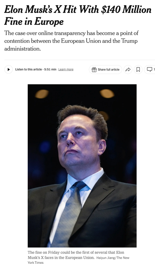 △《纽约时报》评论，此案被视为对欧洲官员是否愿意不顾与美国对抗的风险、继续监管科技公司的考验