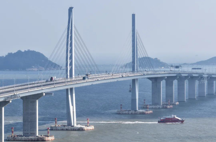 客船驶过港珠澳大桥九洲航道桥。新华社记者 邓华 摄
