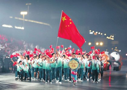　　8月7日，第12届世界运动会开幕式在成都举行。图为中国体育代表团在开幕式上入场。 图据新华社客户端