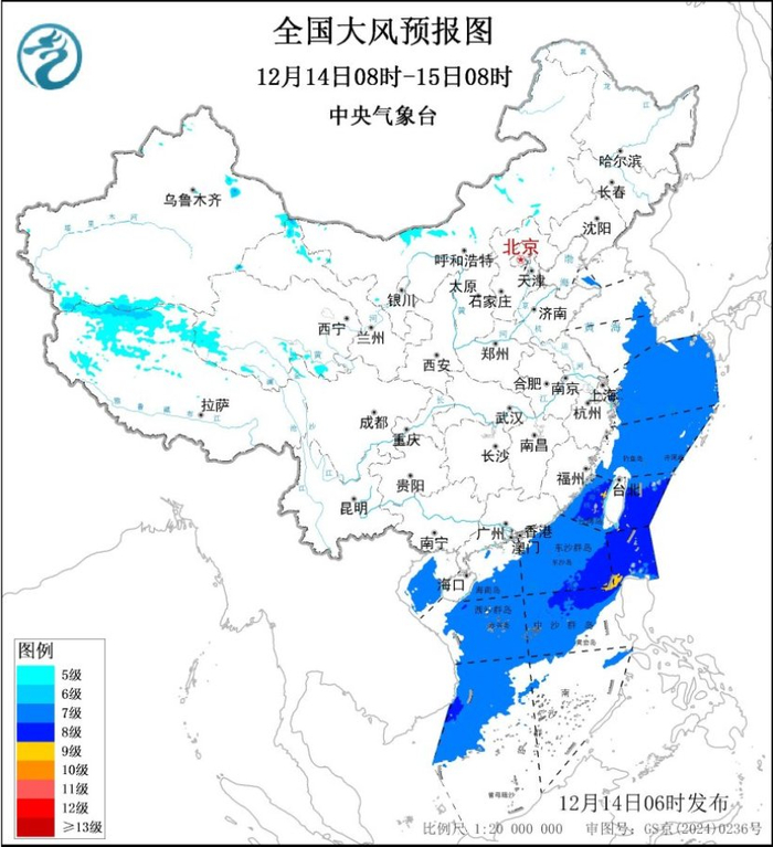 图1 全国大风预报图（12月14日08时-15日08时）