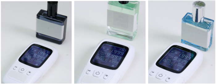 ▲用甲醛自测盒、甲醛检测仪测试，检出多款香水“甲醛超标”假象