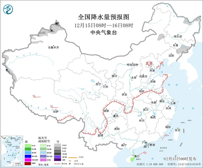 图1 全国降水量预报图（12月15日08时-16日08时）