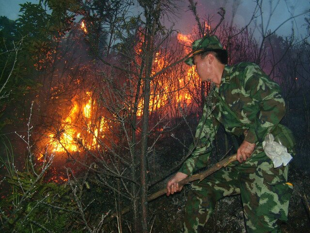 （2009年3月，炎陵县鹿原镇一偏僻山林发生火灾，武警炎陵中队接到任务，第一时间赶到现场进行处置。通讯员供图）