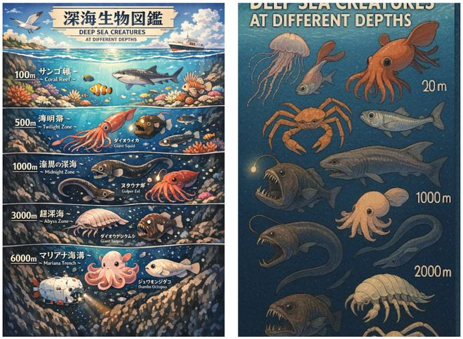 Prompt：做一张深海生物的海报，要展示不同深度的。搞一个竖着的海洋剖面图，风格就用那种特别精细、好看的日系动漫风。