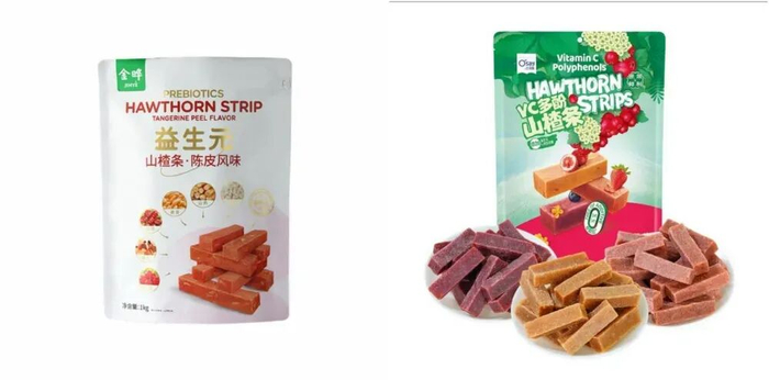金晔「益生元陈皮风味山楂条」和奥赛「VC多酚山楂条」