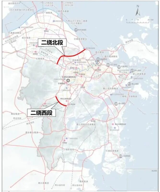“二绕”北段、西段线位参考示意图，最终以建设为准。据“华设设计集团”微信，下同