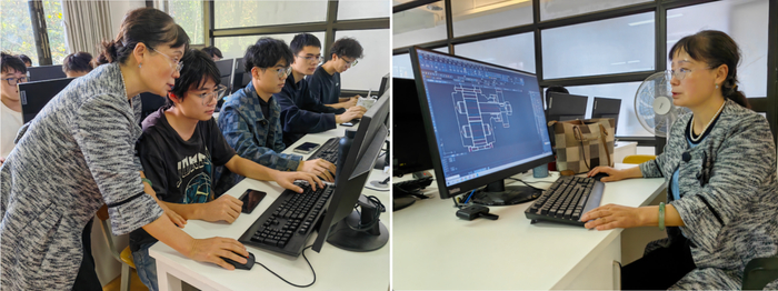 （图为工程图学教研室李世芸教授指导学生学习中望机械CAD）